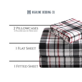 Highline Bedding Co. Flannel Sheet Set King Size- 100% Turkish Cotton, Double-Brushed, Ultra-Soft, Plush, Cozy 4-Piece Set (Classic Plaid, White/Blk/Red)