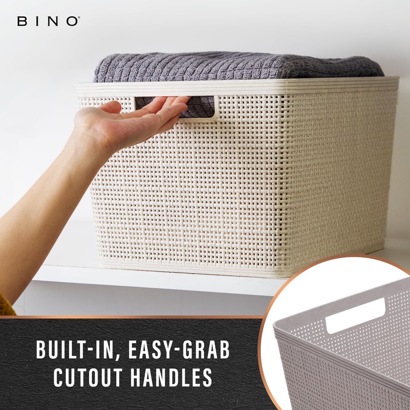 BINO | Woven Plastic Basket | Large (Natural Grey), 3-Pack