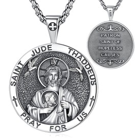 EUDORA S925 Sterling Silver San Judas Tadeo Necklace Medal for Women Men, Vintage Saint Jude Thaddeus Necklaces Amulet Pendant Christian Catholic Jewelry Religious Gifts for Women Mens, 22inch+2inch