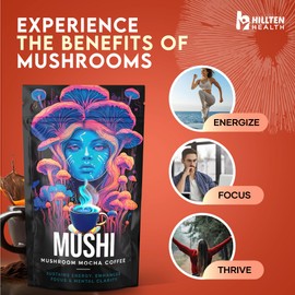 HILLTEN HEALTH Mushi Mocha Coffee | Lions Mane Mushroom Coffee Blend | with Cordyceps, Chaga Powder, Maca Root, Ashwagandha and Rhodiola Rosea | Reduced Caffine