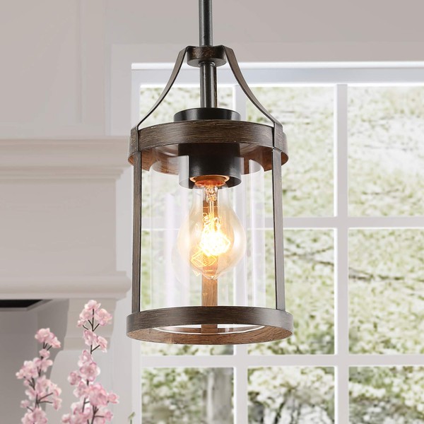 LNC Farmhouse Mini Faux Wood Pendant Lighting with Clear Cylinder Glass Shade for Kitchen Island, Bedroom, Foyer and Entryway , Brown