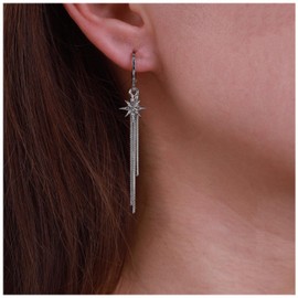 Inateannal Vintage Crystal Northstar Earrings Dangle Long Star Tassel Chain Earrings Silver Metal Slim Chain Earrings CZ Northstar Tassel Chain Drop Earrings Jewellery for Women and Girls