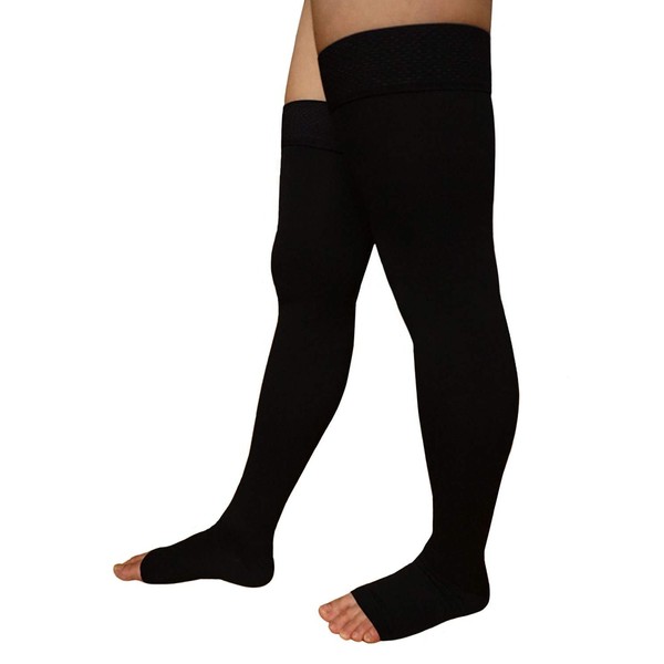 Runee Thigh High Open Toe Compression Stockings, Best for Varicose Vein, DVT (Black, S/M)