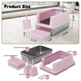 RIZZARI Stainless Steel Litter Box: Pink Leakproof Open Top Tray - Teflon Non-Stick Coating - Large Size Odor Control for Cats Under 20 lbs - with Deodorizer - 2 Pack - for Laundry Room Restroom