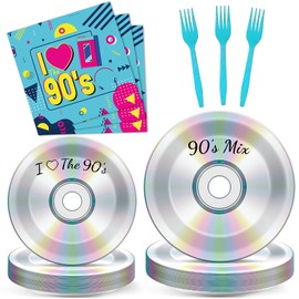 96Pcs 90's Party Paper Plates and Napkins for Retro 90s Theme Birthday Party Supplies 90's Mix CD Themed Paper Dessert Plates I Love The 90s Tableware Set for Men Women 24 Guests Party Decorations