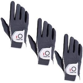 FINGER TEN Men’s Golf Gloves Worn on Right Hand for Left Handed Golfer Value 3 Pack, Rain Grip Hot Wet Weather Comfort Fit Large Rh Grey Color (L,Grey,Right)