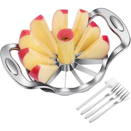 Cortador de manzana, AMOHEE de 12 rebanadas de acero inoxidable resistente para cortar y dividir manzanas con 3 tenedores y un cepillo para polvo de limpieza