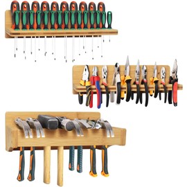 Wokyy Wall Mounted Screwdriver Rack, Bamboo Pliers Holder Hammer Wall Rack Tools Storage for Garage Workshop - 3 Pack