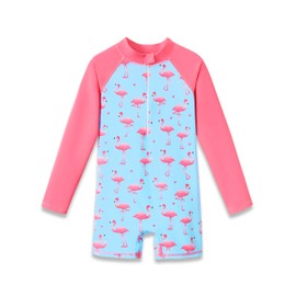 Dvenki Girls Long Sleeve Rash Guard Swimsuit 1 Piece Flamingo with Zipper Front Toddler Bathing Suit Swimsuit Size 4