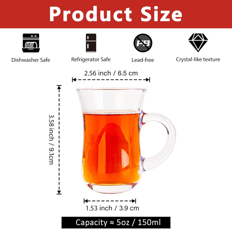 Vitrignis Turkish Tea Glasses With Handle - Small 5.2oz Tea