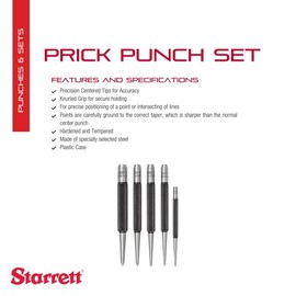 Starrett S816PC 5-Piece Punch Set, 3 Prick Punches with 5/64"-5/32" Diameters and 2 Center Punches with 1/16" and 3/32" Diameters, In Plastic Case