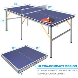 6ft Mid-Size Folding Ping Pong Table Set - Indoor/Outdoor Games - Includes Net, 2 Paddles & 3 Balls