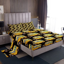 Erosebridal Yellow School Bus Bed Sheets Vehicles Sheet Set Full Size,Boys Cool Automobile Truck Transportation Fitted Sheet for Kids Child Teens,Kids Car Theme Room Decor,Black