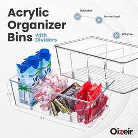 Oizeir Clear Pantry Organizer Bins (4PK) - Fridge Organizer with 3 Removable Dividers - Kitchen Pantry Organizers & Storage - Refrigerator Organizer, Storage Cabinet Snack Organizer, Freezer Organizer