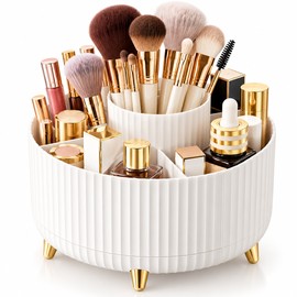 360° Rotating Makeup Organizer for Vanity, 5-Compartment Cosmetic Storage Holder with Gold-Tone Feet, Makeup Brush and Lipstick Organizer for Bathroom Countertop, Dresser and Skincare Essentials