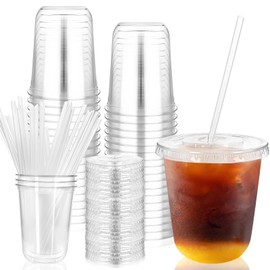RMERVE 50 Sets Plastic Cups with Lids and Straws,Disposable Plastic Iced Coffee Cup for party Beverage, Disposable Drinking PET Cups for Coffee Cold Drinks Juice Smoothie Christmas (Clear, 12 oz)