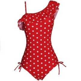 qyqkfly Girls Polka Dot Beach Sport One Shoulder One Piece Bathing Suit Adjustable Swimsuits red 14