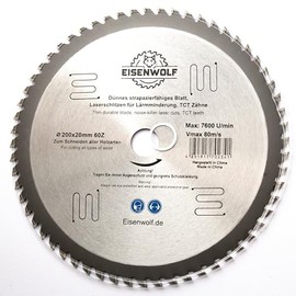 200 x 20 mm saw blade, circular saw blade for wood with 60 tilted TCT teeth and laser cuts for noise reduction