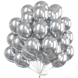 PartyWoo Silver Balloons, 50 pcs 12 inch Metallic Balloons and 20m Ribbon, Silver Metallic Balloons, Shiny Latex Balloons, Helium Balloons, Birthday Balloons, Birthday Decorations, Wedding Decorations