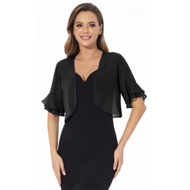 Women Shrug Soft Chiffon Open Front Sheer 3/4 Sleeve Bolero Cardigan for Evening Dress(Black,XXL)