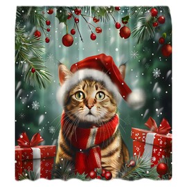 UPUMKSK Christmas Shower Curtain Cute Cat Red Xmas Ball Snowy Pine Tree Leaves Snowflake Snow Winter Forest Nature Scene Funny Kitty New Year Holiday Bath Curtain with Hooks