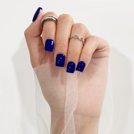 KQueenest Dark Blue Press On Nails Short Square - Acrylic Press On Nails With Glue, Navy Blue Short Fake Nails Press ons, Glossy Opaque, Reusable Soft Gel Glue on Nails for Women Gift, 24 Pcs