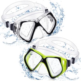 Weewooday 2 Pcs Swimming Goggles with Nose Cover Tempered Glass Diving Mask 180° Clear View Goggle Swim Snorkel Goggle for Adults Youth(Green, Black Green)