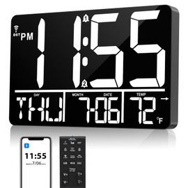tawiliysy 13" Large Digital Wall Clock with Remote, Bluetooth Connection, 25 Ringtones, Dual Alarm, 0-100% Auto or Custom Brightness, 12/24H, Auto DST, for Living Room, Kitchen, Office, Elderly