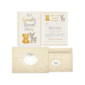Limonia 15 Einladungskarten mit Umschlägen zur Gender Reveal Party – Stilvolle Einladungen zur Babyparty 'Boy oder Girl' – Baby-Überraschungsparty – Gold und Silber, süße Tiere, festlich, elegant