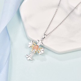 praymos Cross Necklace 925 Sterling Silver Rose Flower Crucifix Pendant Jesus Christian Jewellery Gifts for Women 18+2'' Silver Chain …