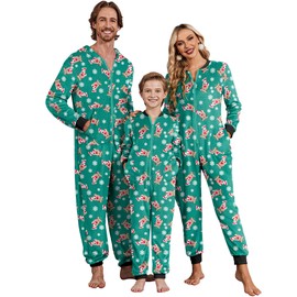 Ekouaer Christmas Onesie Matching Family Fleece Hooded One Piece Zipper Long Sleeve Pajamas with Pockets S-XXL Christmas Green XXL