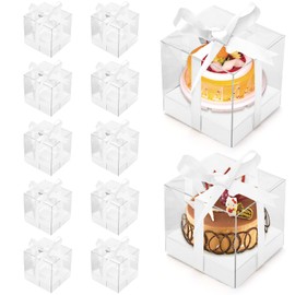 Anglecai 12 Pack Clear Plastic Cupcake Boxes, 3.5 Inch White Single Cupcake Containers Disposable Individual Cupcake Carrier Holder Box with Inserts and Ribbon Clear Boxes for Cupcakes (White)