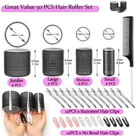 50piece hair rollers of self-grip for long, medium, & short hair (6 jumbo, 6 large, 6 medium, and 6 small rollers plus 1 storage bag) and 24 pieces of hair clips in four sizes(60, 45, 36,and 25 mm)