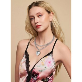 HolidayQbee Puffy Silver Necklaces For Women With Double Layer Chain Heart Pendant Chunky Silver Heart Link Necklace Fashion Jewelry Gift