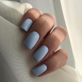 Press On Nails Short, Solid Dark Color Fake Nails Short Square Medium Shape, Stick on Nails Glue on Nails False Nails on 24PCs (Light Blue, Short)