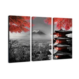 Japanese Temple in Autumn Black White Red Canvas Art Wall Art Home Decor (3 Pieces Large)