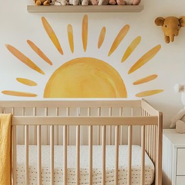 50"x25" Extra Large Removable Sun Wall Decal - Boho Sunrise Wall Art Sticker with Vibrant Yellow Sunshine Design for Nursery, Bedroom & Playroom Decor | Modern Bohemian Kids Room Decor.