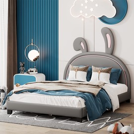 Merax Full Size Upholstered Leather Platform Bed with Bunny Ears Headboard, Platform Bed Frame with Rabbit Ornament for Kids, Child's Bedroom, No Box Spring Needed, Gray