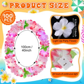Sherr 100 Pcs LED Hawaiian Leis Luau Party Decorations Light Up Leis Bulk with Green Leaves Tropical Flower Necklaces for Wedding Beach Carnival Summer Birthday Supplies Party Favors