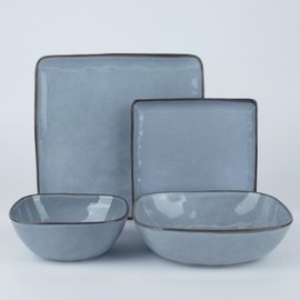 Famiware Ocean Square Plates and Bowls Sets for Kitchen, 16-Piece Dinnerware Sets for 4, Reactive Glaze, Blue