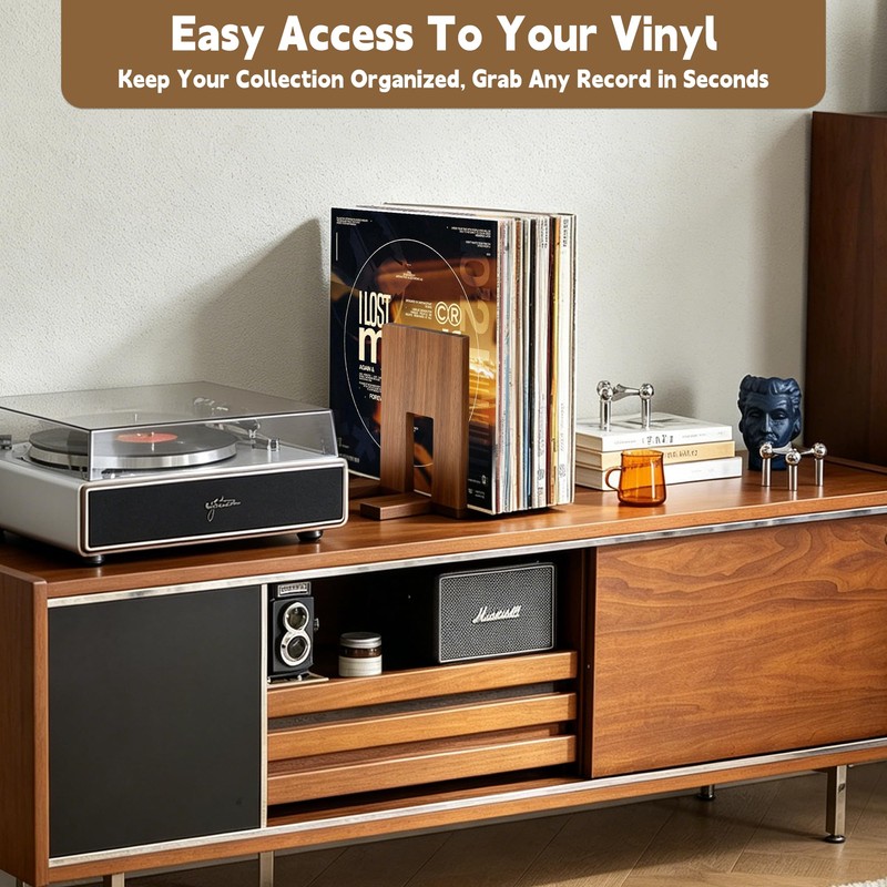 QUALLON Adjustable Vinyl Record Holder Solid Acacia Wood, 20–60 LP