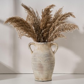 Vaseking Large Ceramic Rustic Vase with 2 Handles, 9.8 inch Whitewashed Terra Cotta Vase, Decorative Pottery Flower Vase for Home Decor, Living Room, Shelf Decor, Enterway, Table Decoration, Gray