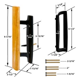 TPard Sliding Glass Patio Door Handle Replacement Set with Oak Wood Inside Handles and Zinc Diecast Outside Pull, 3-15/16" Hole Spacing, Non-Handed, Black