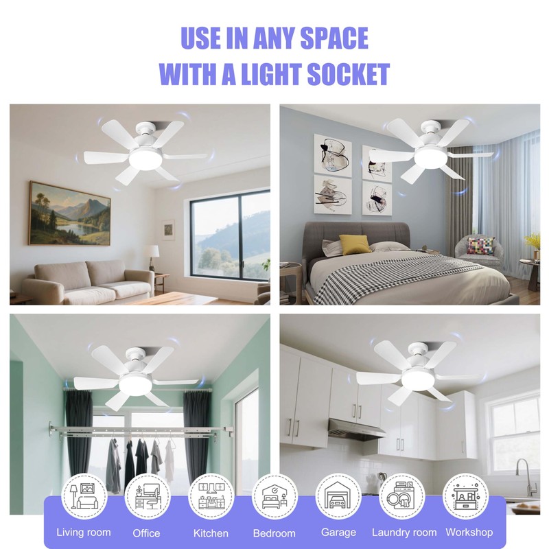 Modern 6-Blade White Socket Ceiling Fan with LED Light, 3-Speed