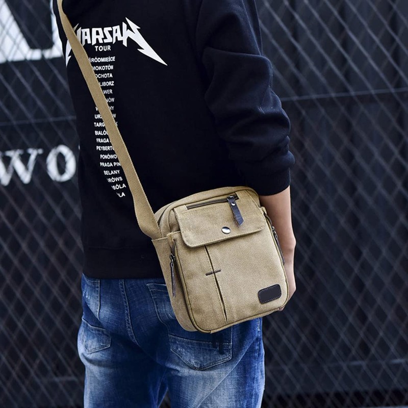 Bolso Lona Hombre Casual Viaje Compras Hombro Cruzada Multiuso (Khaki)