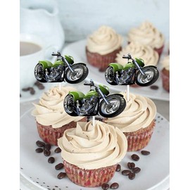 Green Dessert Cupcake Topper Motorcycle Rider Racing Sport Theme Decor Supplies Boy Man Happy Birthday Party Decorations 18pcs (Green)
