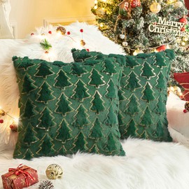 Knagsfa Christmas Throw Pillow Covers 16 x 16 Inch Set of 2, Green Christmas Tree with Gold Sequins, Winter Holiday Faux Fur Pillowcases Decor for Home Couch Sofa