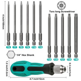 CTENG 12pcs T6-T40 Torx Screwdriver Set, 1/4" Torx Screwdriver Bit Set with Handle, T6-T40 100mm Long Hex Shank, S2 Steel Star Head Screwdriver Bit Set