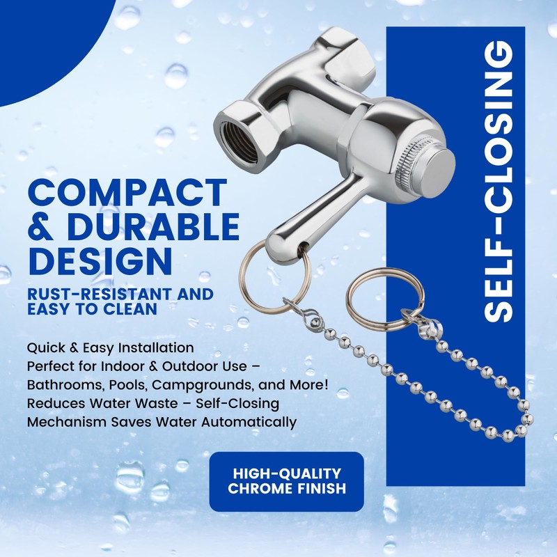 Self-Closing Shower Valve with Pull Chain, Chrome, Indoor or Outdoor