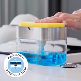 S&T INC. Dish Soap Dispenser and Sponge Holder for Kitchen Sink, Sponge Included, 13 Ounces, Metallic Silver